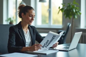 employee reading workplace rights handbook in modern office environment