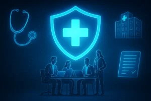 digital illustration showing healthcare team under large glowing medical shield icon