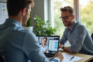 business owner collaborating with online bookkeeper using laptop for finances