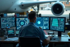 aviation technician monitoring critical tech systems supporting smooth flight operations