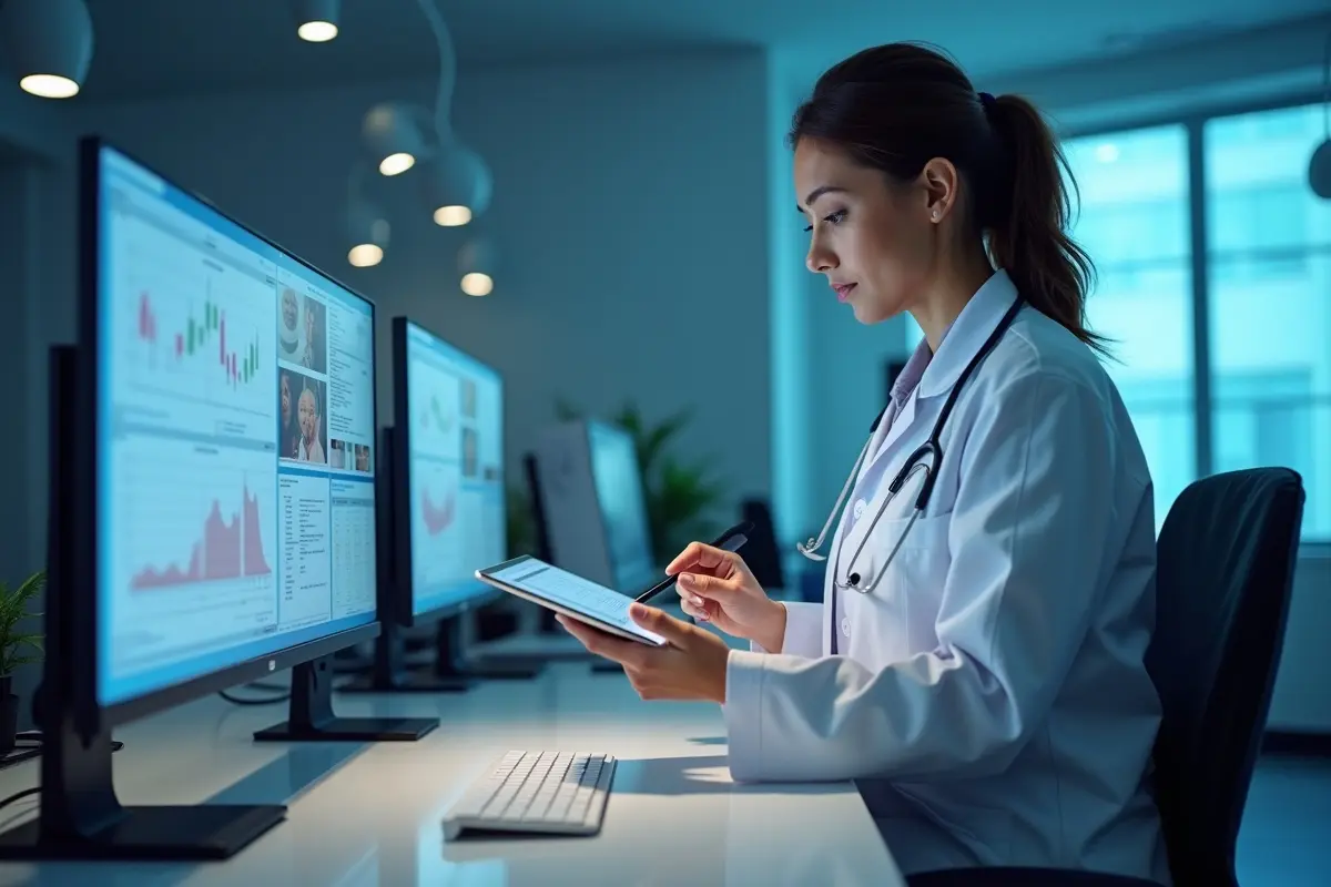 healthcare professional reviewing advanced technology transforming modern medical business operations