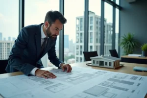 commercial property developer reviewing long-term building plans and design choices