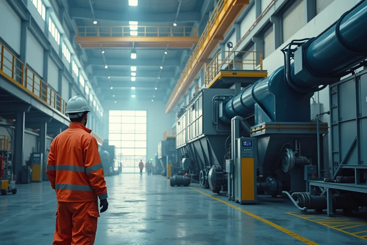 worker managing waste treatment equipment at modern treatment facility