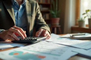 person reviewing personal finances with calculator and documents