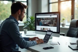 web designer optimizing responsive website layout on laptop