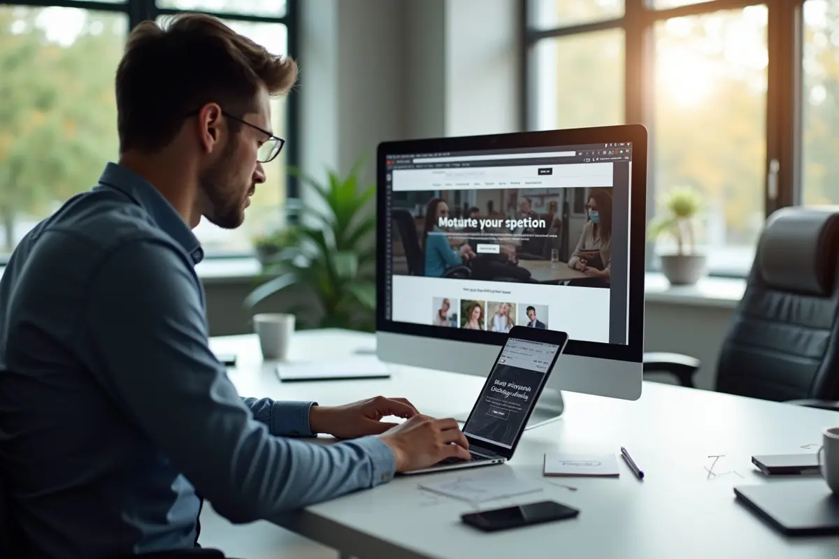 web designer optimizing responsive website layout on laptop