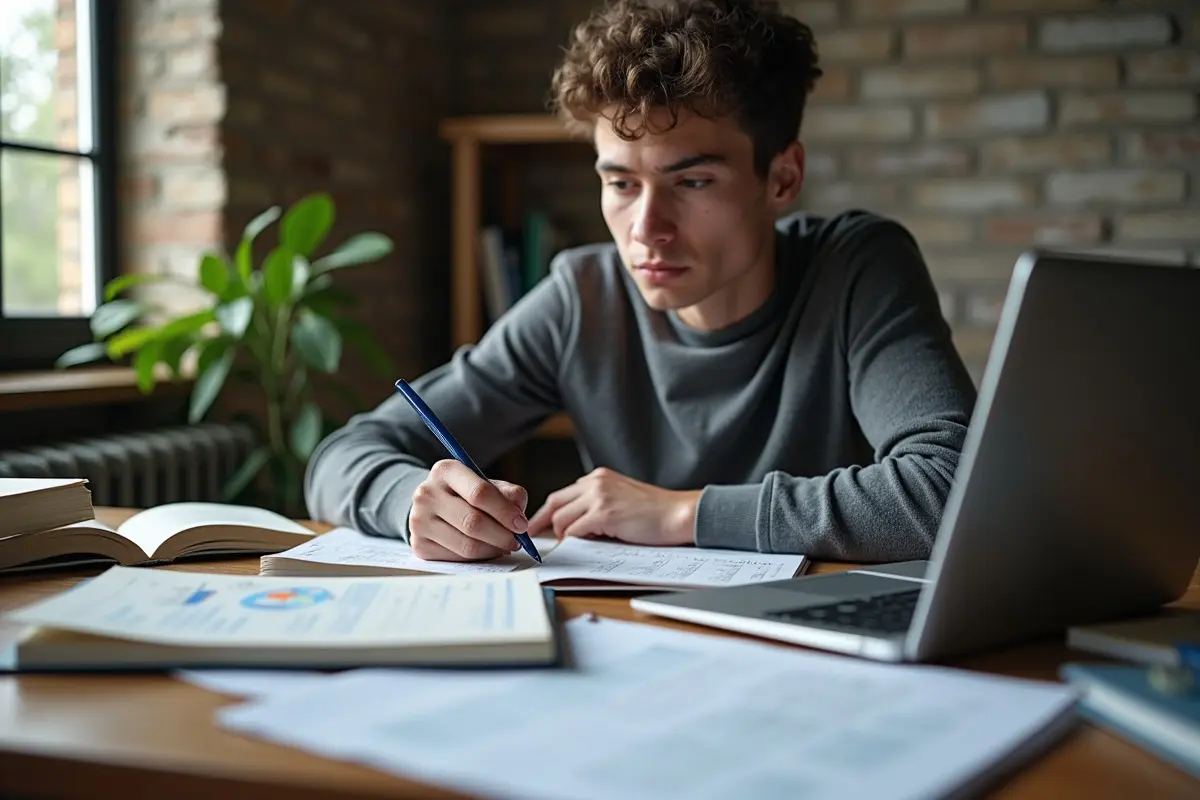 student studying accounting principles with financial textbooks