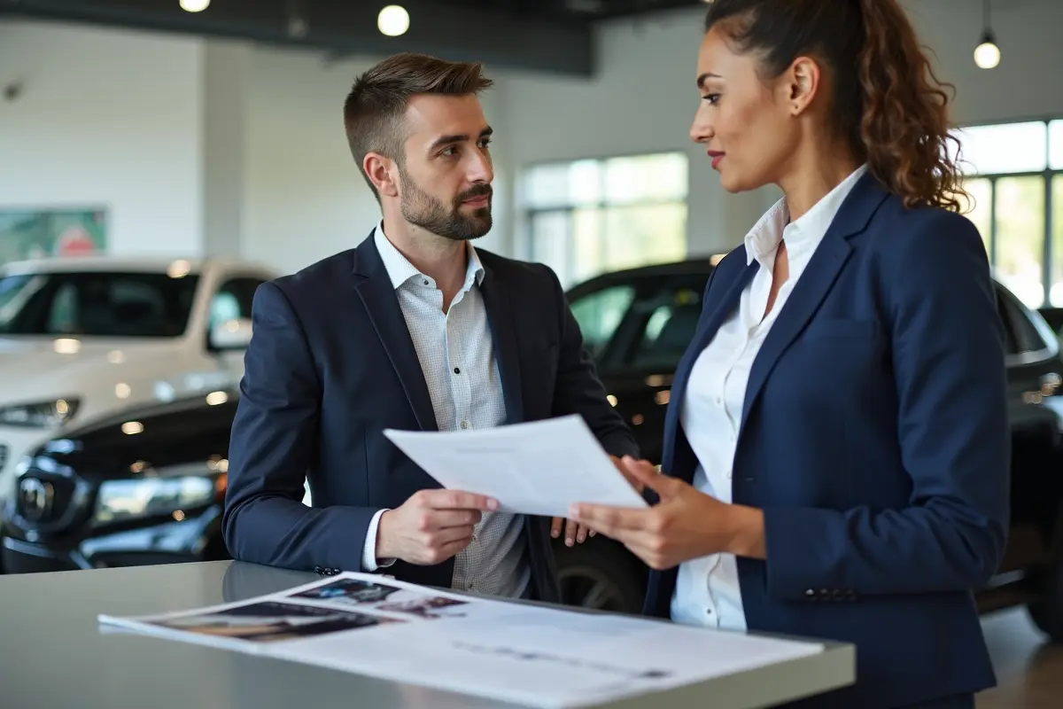car buyer comparing leasing and financing options at dealership showroom
