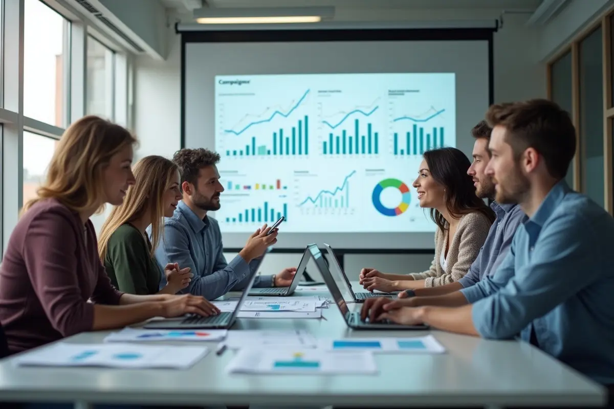 marketing team analyzing evolving digital campaign trends