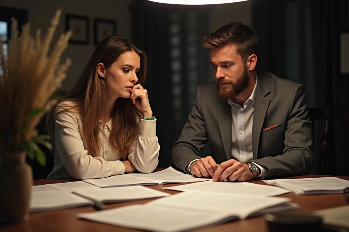 couple reviewing prenuptial agreement as part of financial planning